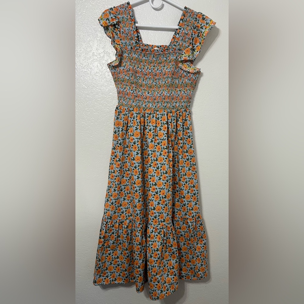 English Factory XS Blue Orange Floral Smocked Flutter Sleeve Tiered Midi Dress